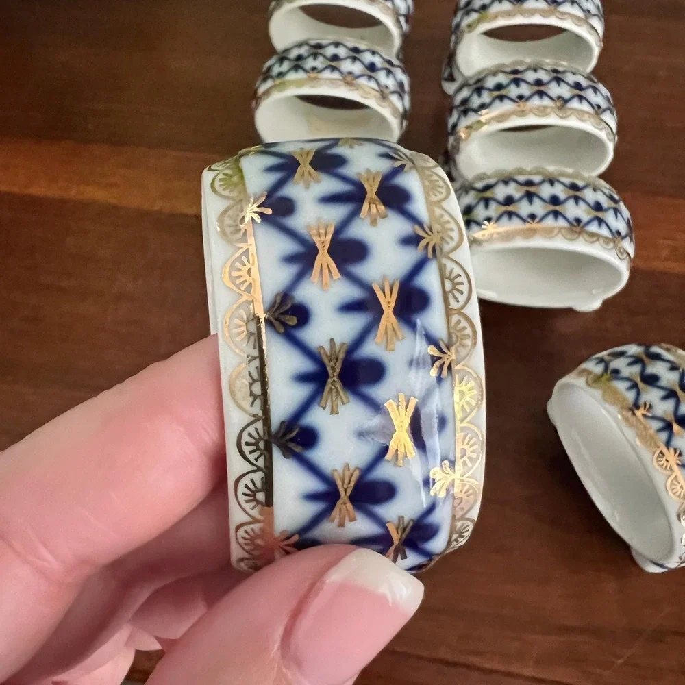 Vintage Lomonosov Russian Porcelain Napkin Rings Cobalt Net Set 8